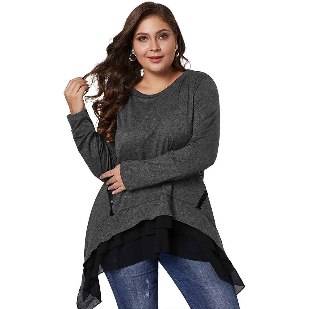 Женские рубашки большого размера с оборками асимметричный подол Круглый Вырез