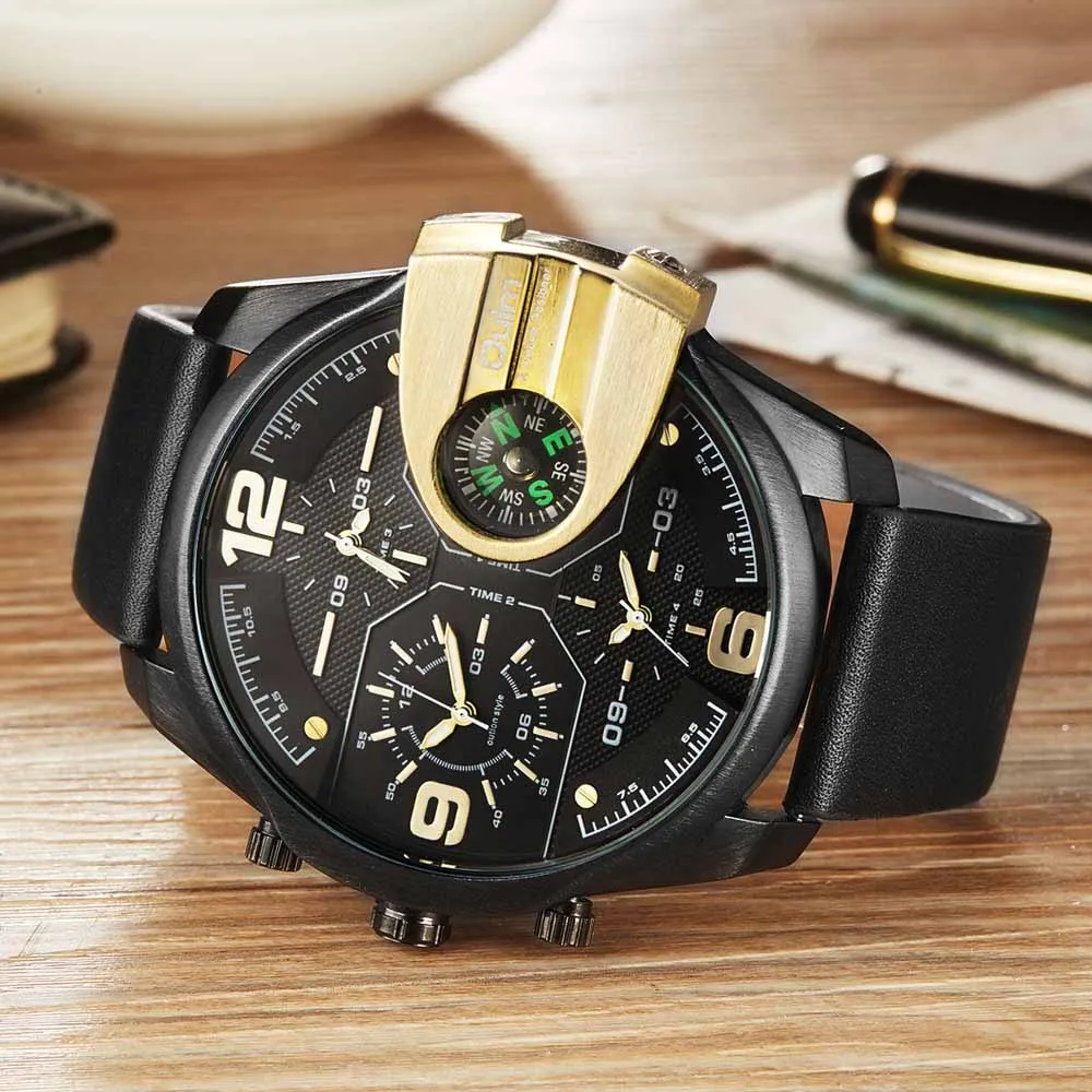 

Oulm Men Watches Top Brand Luxury Military Watches Men Unique 3 Time Zone Leather Strap Quartz Wristwatches Reloje Hombre