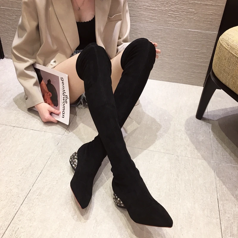 

Women's Over Knee Boots Black Med Heels Pull On Shoes Rhinestones Heels Suede B187