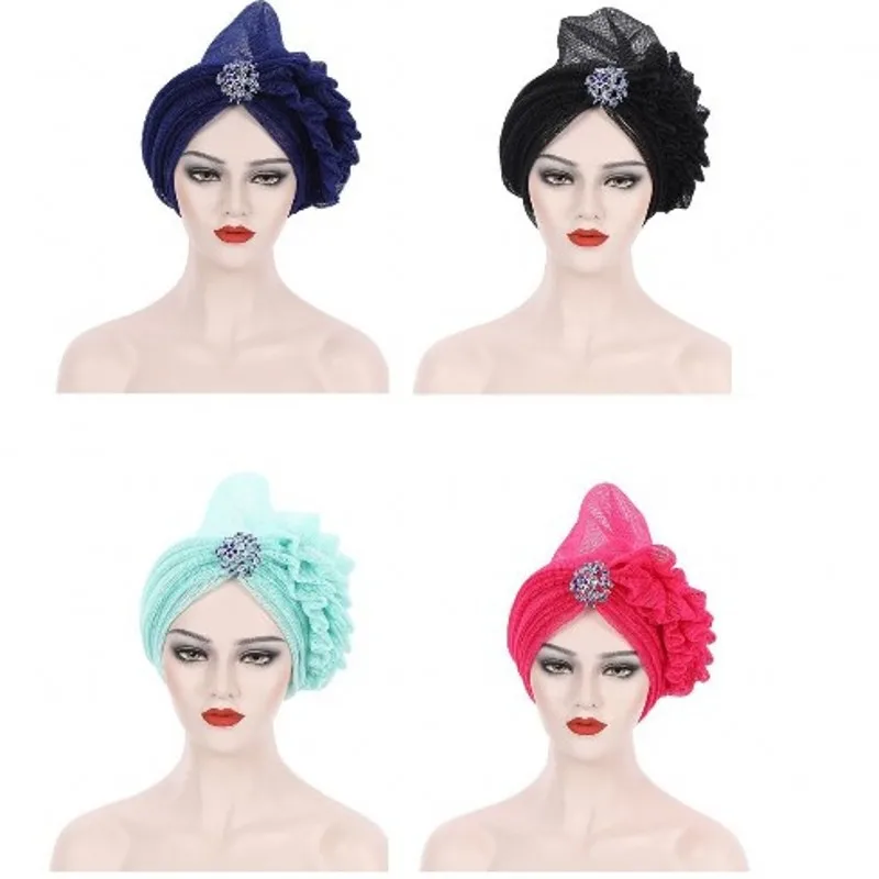

2022 Latest Fashion African Hat Women's Headscarf Wearing Accessories Diamond Mesh Muslim Hat Auto Gele Ethnic African Clothing