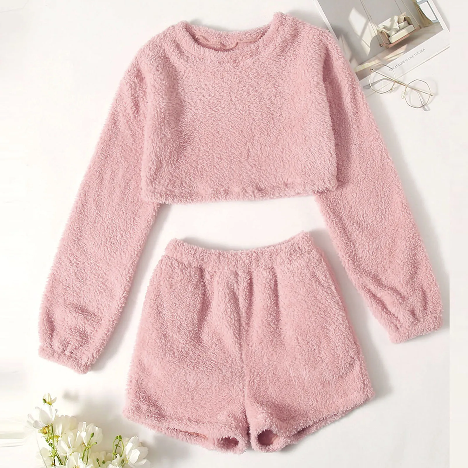 

Winter Warm Pajamas Suit Women'S Solid Long Sleeve O-Neck Pullover Pajama Sets Leisure Tops + Shorts Set Pyjamas Women