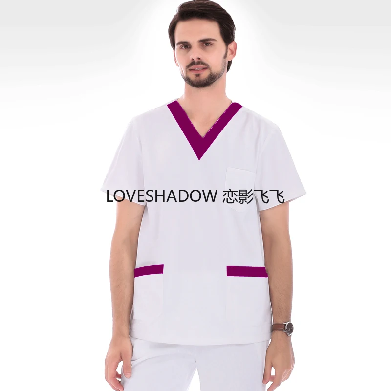 

US Size XS-3XL Men Medical Uniforms White Short Sleeve Scrub Top Color Blocking V Neck Design and Scrub Trousers Surgery Scrubs