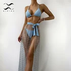 3 шт., Сетчатое пляжное платье, купальник, треугольник, микро бикини, набор, купальник с высоким вырезом, женский купальный костюм, сексуальный синий купальный костюм 2021
