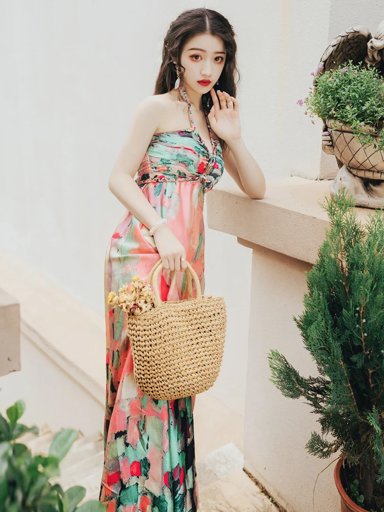 

Summer Vacation Retro Oil Painting Dress Women Wrapped Chest Bohemian Dresses