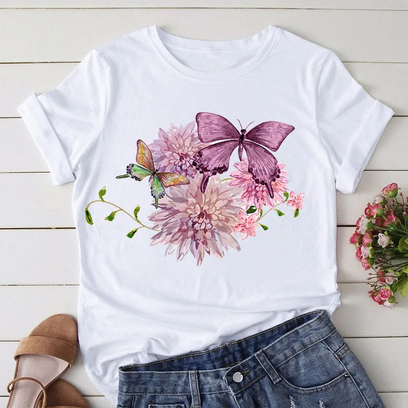 

2021 New Girls T Shirts Butterfly Flower printed T Shirts Female O-neck Short Sleeve Tops Tee Ladies Cute Tee Shirts Clothing