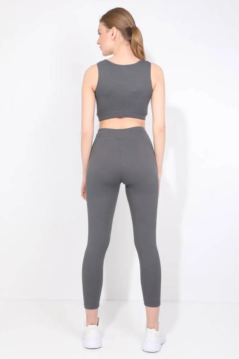 Womens Anthracite Ribbed Sports Tights Set