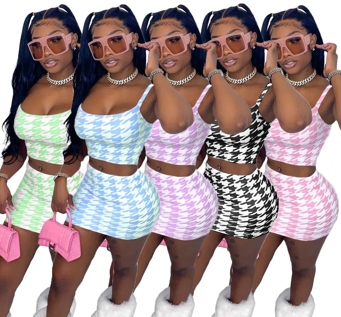

Active Houndstooth Women Two 2 Piece Set Outfits Tank Tops and Midi Mini dress Matching Set Tracksuit New 2021
