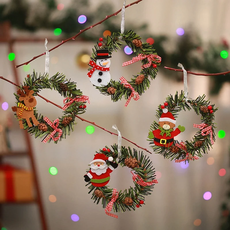 

Christmas Rattan Wreath Wall Hanging Ornaments Santa Snowman Elk Natural Pine Cone Red Fruit PE Leaf Decor Wreath Xmas Pendant