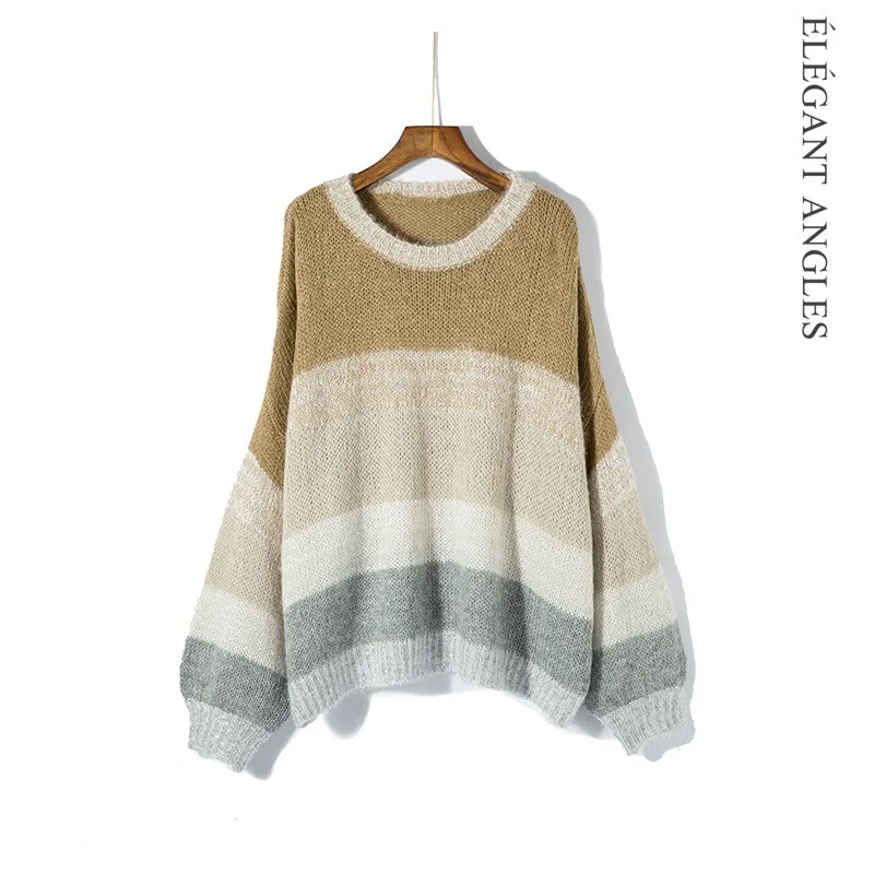 

Knitted Long-Sleeved Sweater Korean Style Loose Style European Ins Autumn Winter Women New Mohair Texture Contrast Color Hoodie