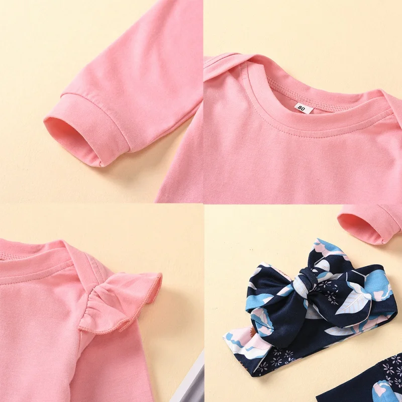 

1-5Y Toddler Kid Baby Girl Autumn Clothes Sets Pink Long Sleeve T-shirt Tops Flower Print Long Pants Headband Outfit Tracksuit