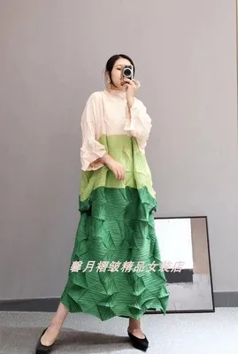 Зеленый Miyake модные раза Алмазный плиссированное платье с рукавом три четверти в стиле пэчворк, воротник-стойка, свободные бутон платье - Цвет: Зеленый