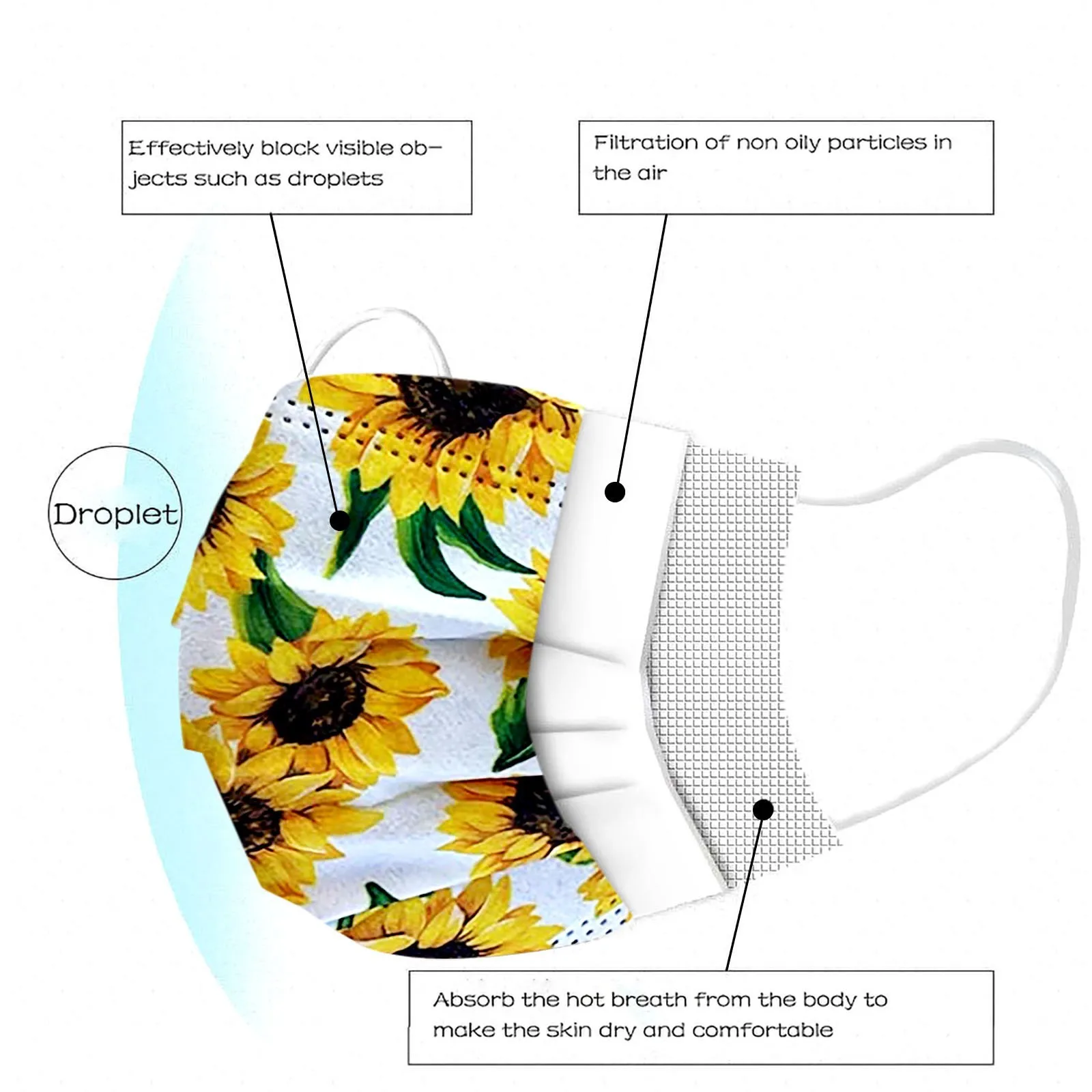 50 шт. одноразовые маски с принтом подсолнухов | Тематическая одежда и униформа