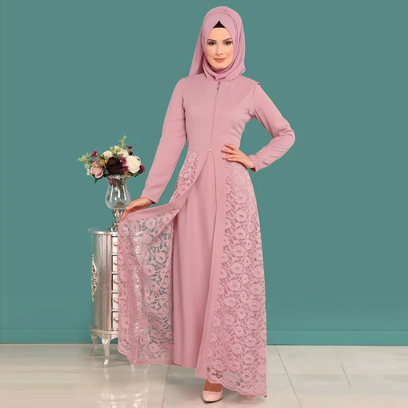 

Muslim Fashion Women's Robe Lace Pure Color Long Sleeve Round Neck Dress Islamic Ethnic Style Noble Dress Abaya Stage Dress