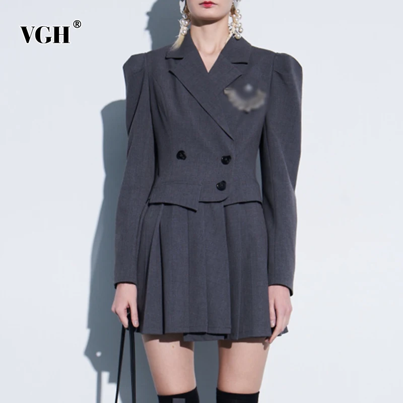 

VGH Preppy Style Solid Dress For Women Notched Long Sleeve High Waist Korean Slim Pleated Mini Dresses Female New Spring Fashion
