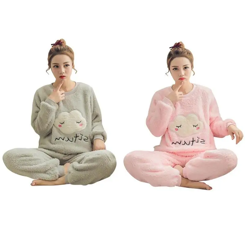 2pcs Autumn Winter Women Thin Flannel Women Pajama Set Pullover Thick Coral Velvet Long Sleeve Cartoon Homewear Dropshipping