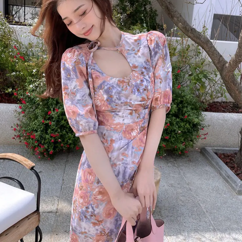 

Woman Lace Up Floral Print Bubble Sleeve A-line Dress Female Split Slim Waist O-ncek Dresses Elegant Office Lady Vestidos