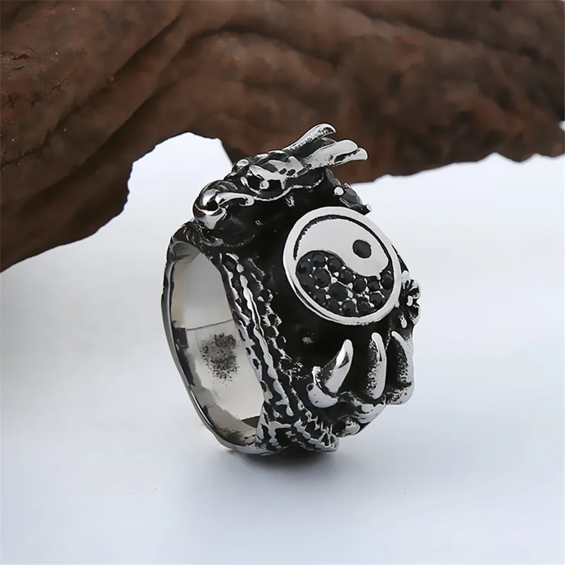 Этнический Ветер тотемный Дракон Тай Чи кольцо магазин черный циркон