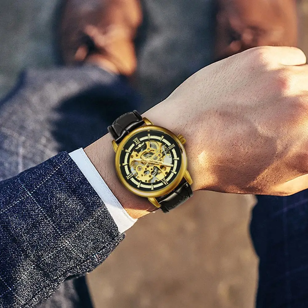 

NEW Automatic Mechanical Watch Men Brand Luxury Golden Skeleton Wristwatch Leather Strap Casual Business Clock