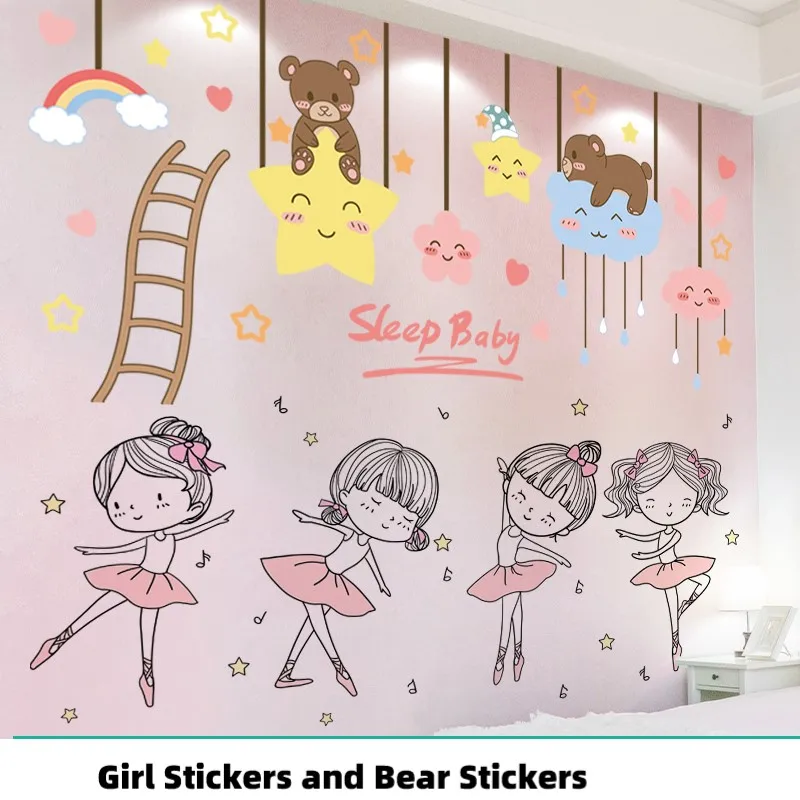 

[shijuekongjian] Bear Animals Clouds Stars Wall Stickers DIY Ballet Girl Wall Decals for Kids Bedrooms Nursery Home Decoration