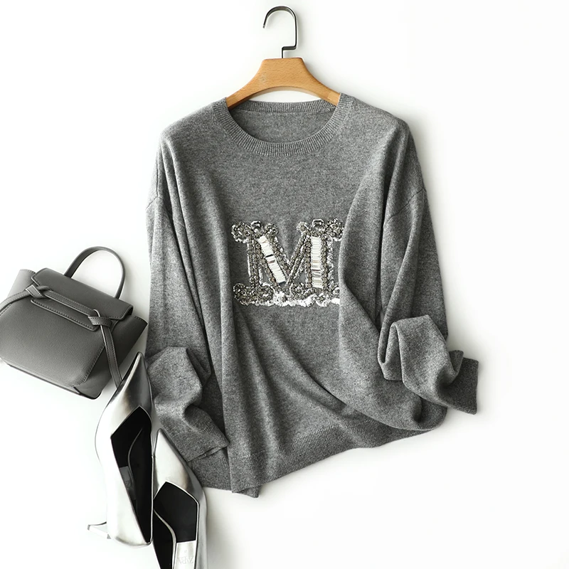 

100% Cashmere Sweater Women Casual Style Letter Diamonds Sweatshirt Loose O Neck Long Sleeves New Fashion