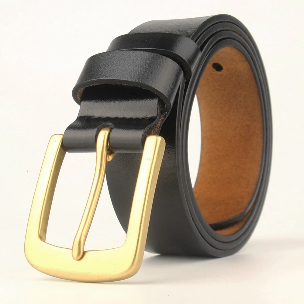 

Pure Copper Gold Color Pin Buckle Genuine Leather Large Plus Size Cowhide Belt for Men 140 150 160 170 180 cm Men's Waist Straps