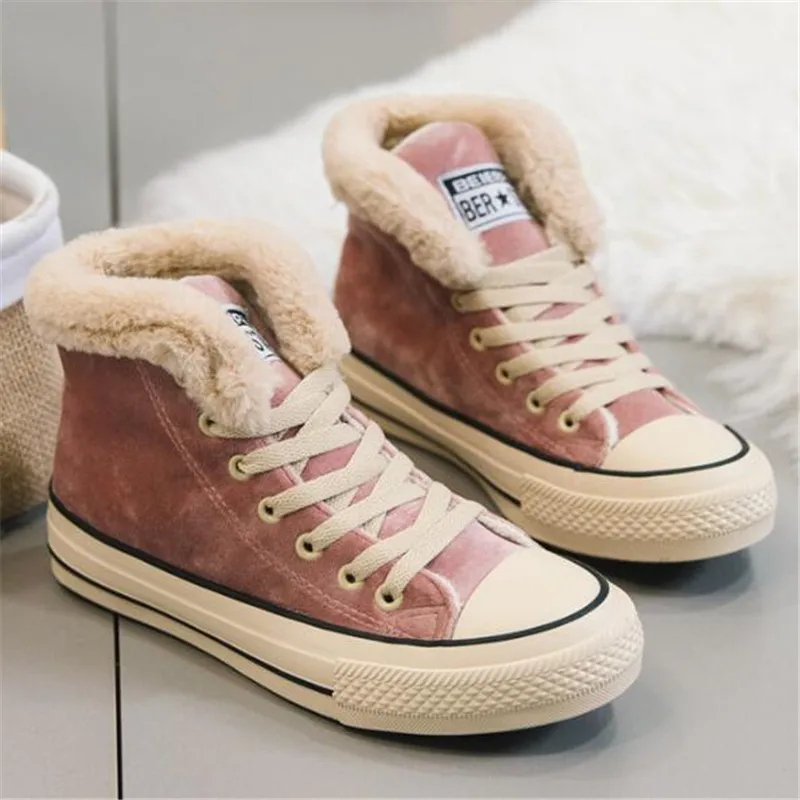 Women's Winter Flock Snow Boots Female Warm Plush for Cold Fashion Ankle Sweet Ladies Faux Suede Lace-Up Booties 