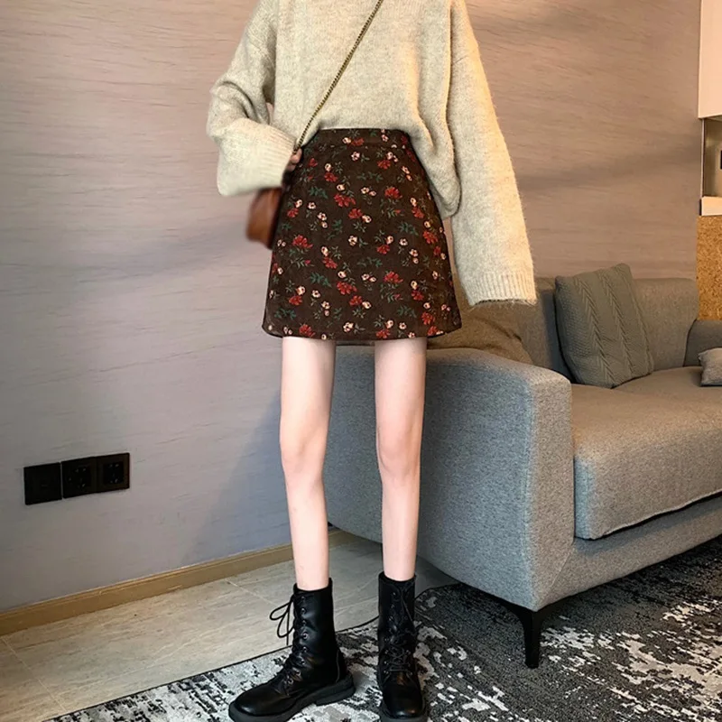 

Summer Korean Style Fashion Temperament All-Match Retro Floral Print Slim High Waist A-Line Skirt
