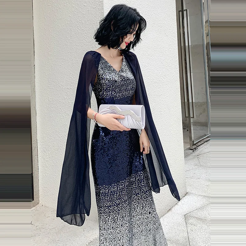 

Evening Dress Double V-neck Women Party Dresses Sleeveless Robe De Soiree 2019 Floor Length Sequins Elegant Formal Gowns F220