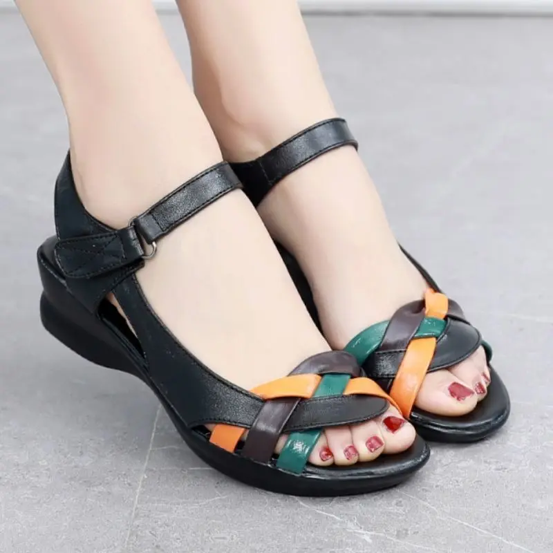 

2021 New Summer Women Genuine Leather Sandals Wedges Open Toe Shoes Comfortable Female Sandals Mother Shoes Plus Size 35-42