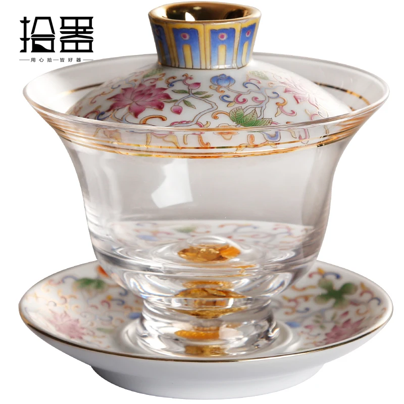 Эмалированная цветная термостойкая стеклянная чаша с тремя чашами чайная