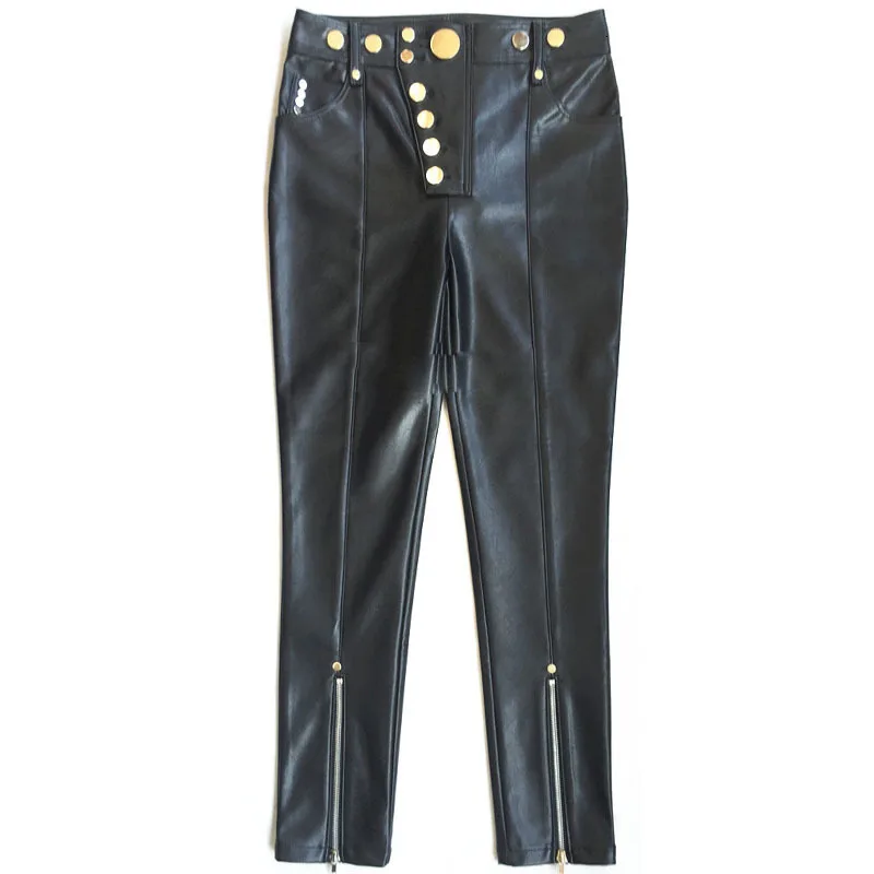 

Fashion Punk Button Women PU Leather Pants Luxury High Waist Skinny Pencil Pantalon Femme Street Black Rivet Moto Biker Trousers