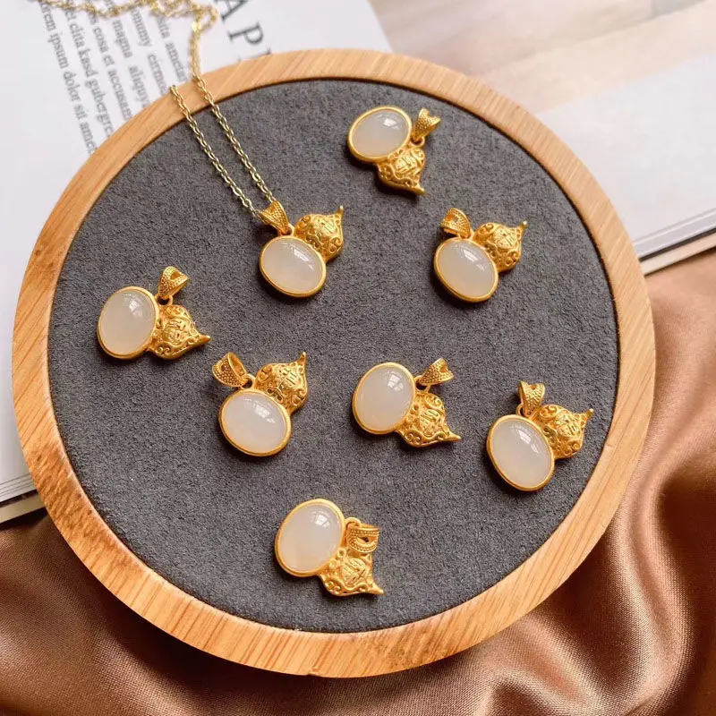 

2021 hot new Natural Hetian White Jade Gourd Female Pendant Meaning Fu Lu Double Collection style Gilding Craft Chinese Retro