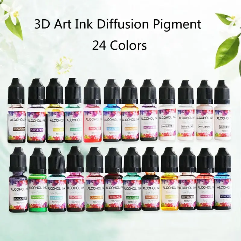 

24 Colors 10ML Art Ink Alcohol Resin Pigment Kit Liquid Resin Colorant Dye Ink Diffusion UV Epoxy Resin Jewelry Making