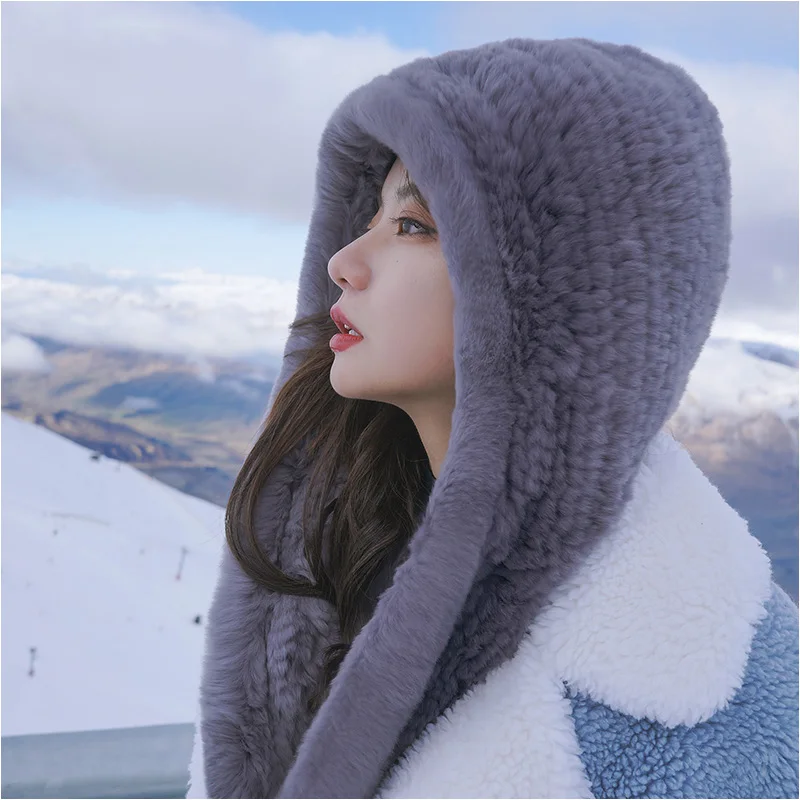 Шапка женская 2020 новый вязаный Настоящий мех кролика шапка с капюшоном шарф