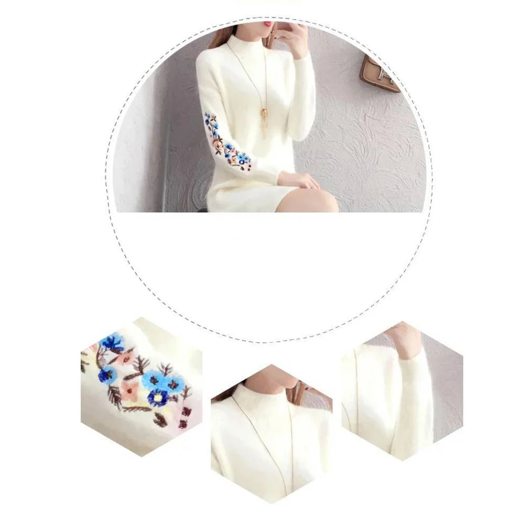 Зимнее женское Повседневное трикотажное мини платье свитер с цветочной вышивкой