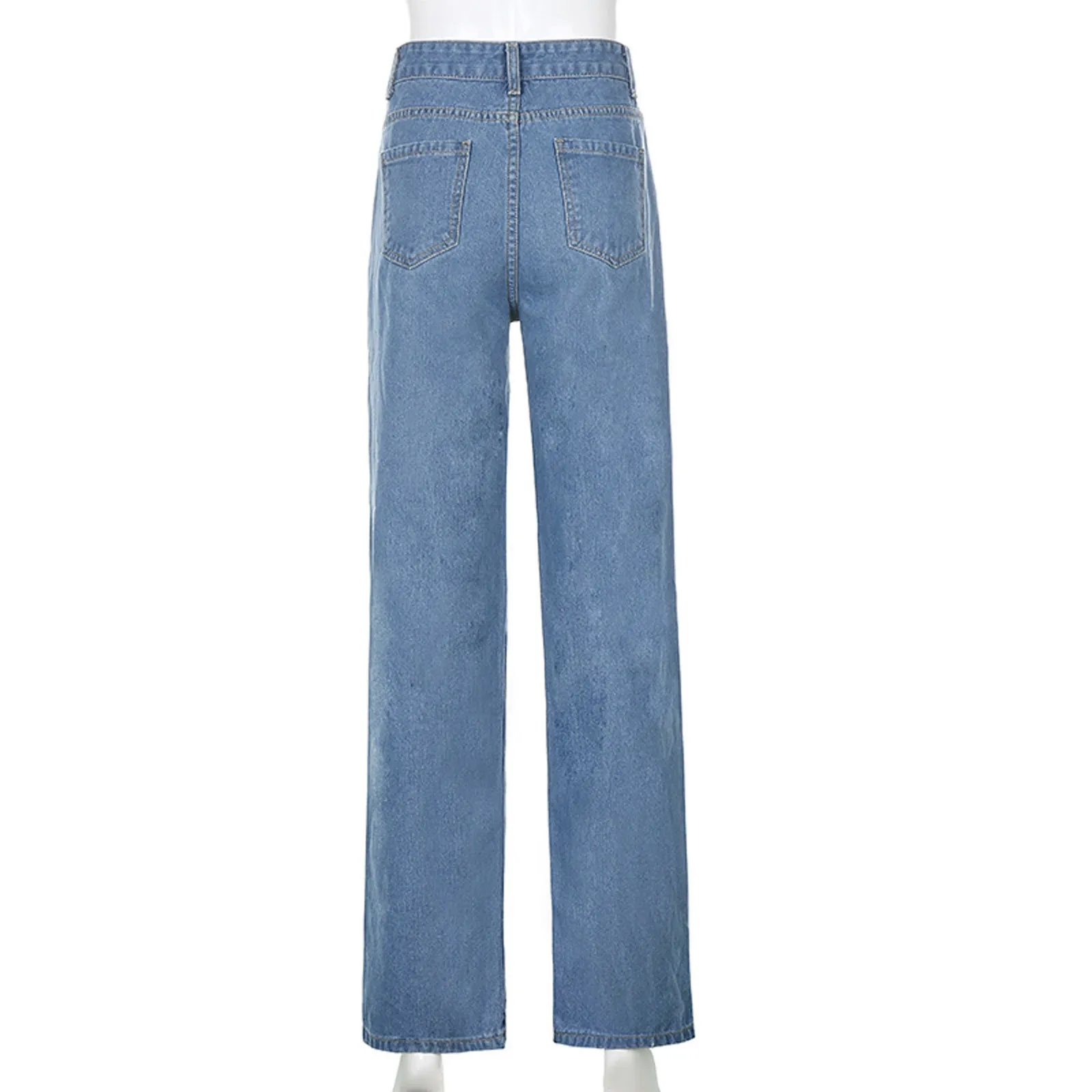 

Women's 2021 New Street Fashion And High Street Solid Colour Big Holes High-Waisted Slimming Straight Jeans Skinny Long Trousers