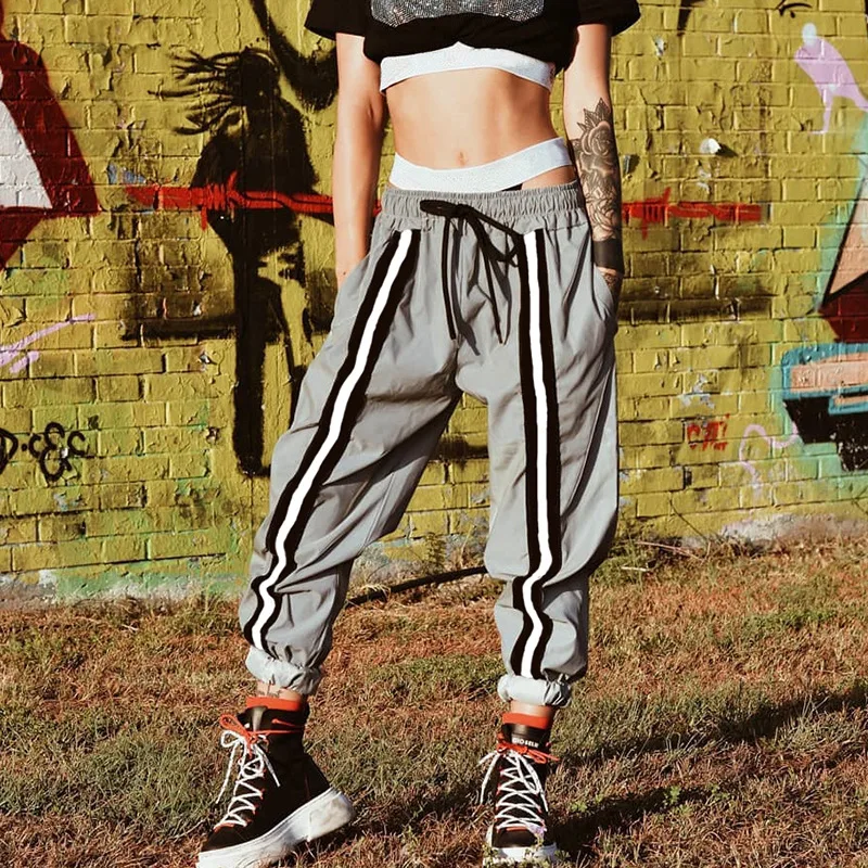 Женские Светоотражающие Брюки новые свободные брюки с высокой талией женские