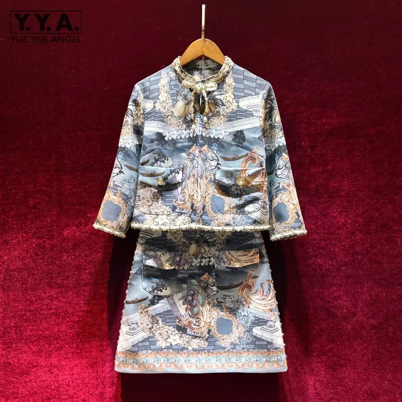 

Harajuku Autumn Women Floral Printed Skirts Two Piece Set Bowknot Stand Collar Vintage Jacket Mini Skirt Matching Sets Outfits