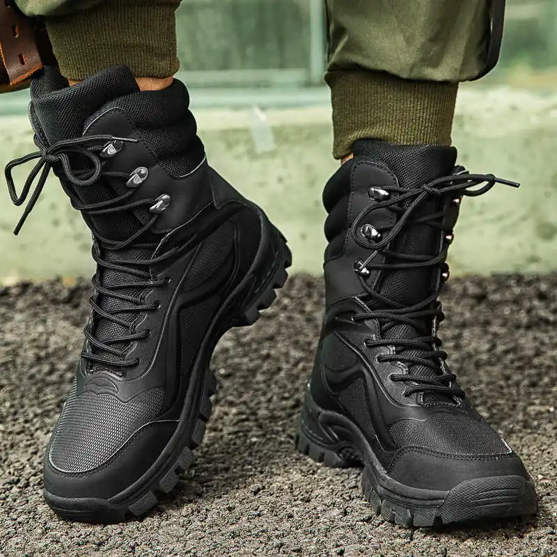 

Big Sizes Work Shoes Outdoor Thick Bottom Men Sneaker Slip Resistant Damping Tactical Boots Lace Up High Top Men Safety Shoe 21G