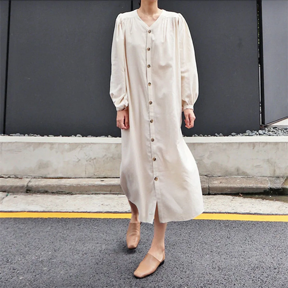 

Однобортное Свободное длинное женское платье с V-образным вырезом, осень 2021, новое повседневное свободное платье в японском стиле с 7 рукава...