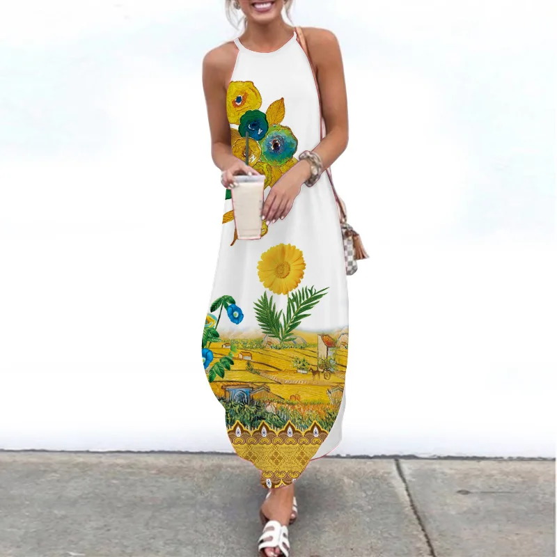 

2021 Summer New Dress Women's Loose and Comfortable Beach Long Skirt Suspenders Printed Sexy Party Dress Skirt