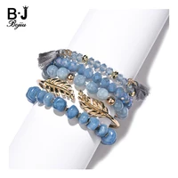 new fashion multilayer women bracelets bangles golden leaf open cuff natural stone crystal bracelet set lady jewelry bcset320