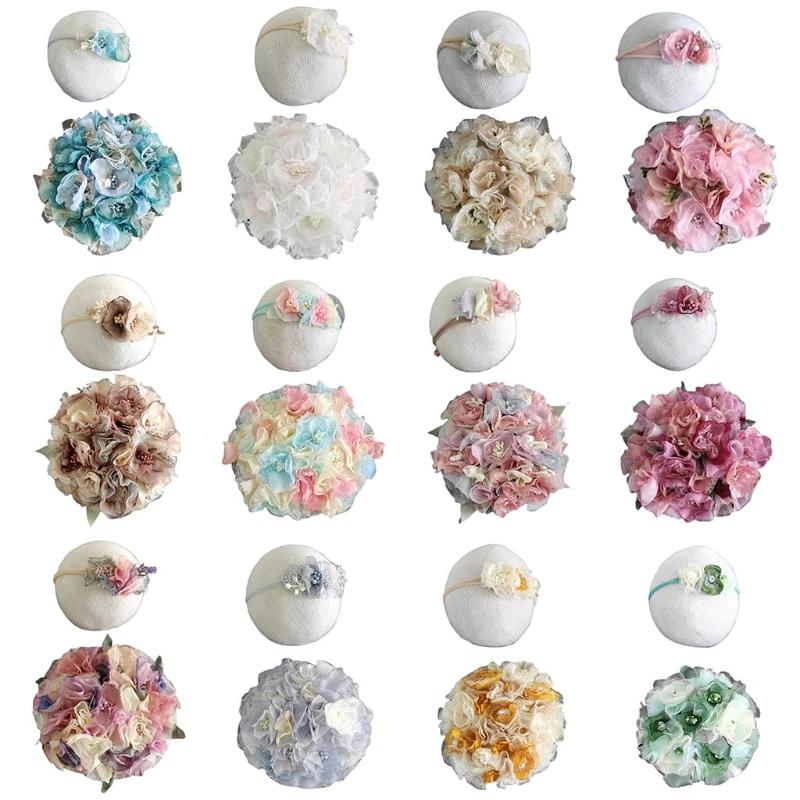 

2 Pcs Newborn Photography Props Baby Hair Band Round Flower Cushion Set Headband Costume Kit for Infants Photo Shooting