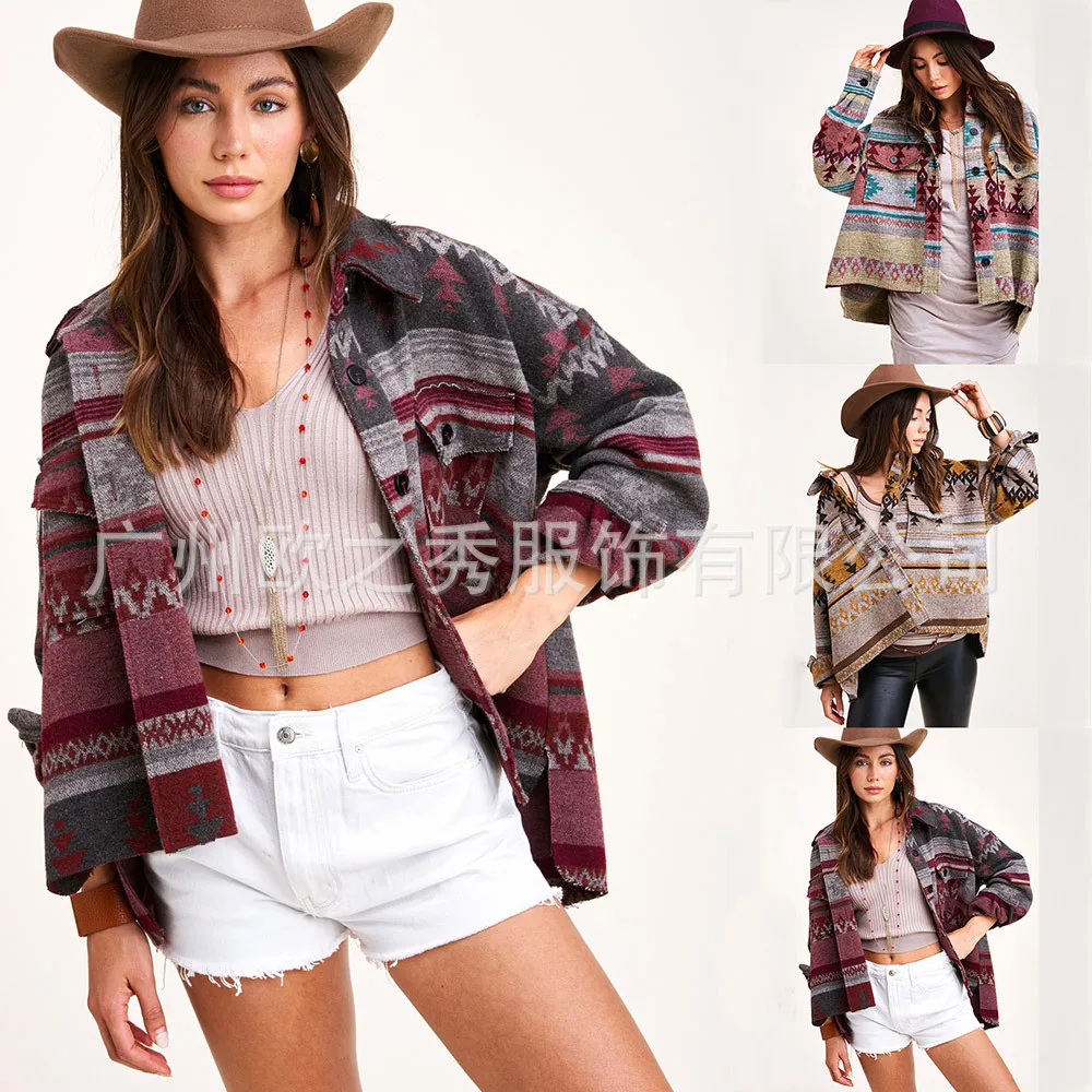 

Женское твидовое пальто с винтажным принтом, прямая куртка с длинным рукавом, новинка 2021