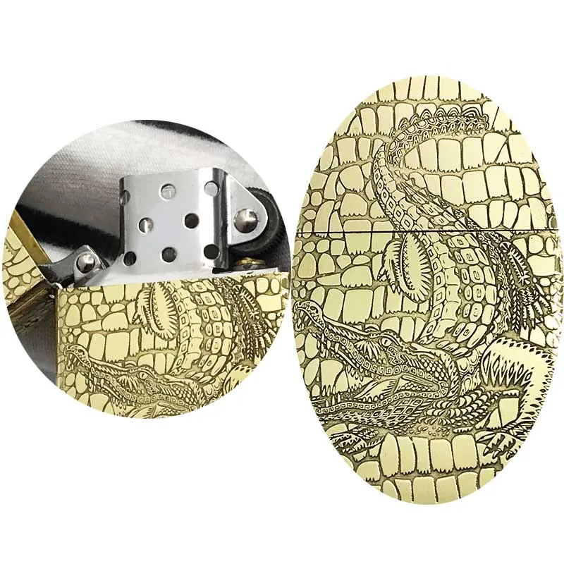 

Pure copper crocodile kerosene lighter carved retro windproof grinding wheel clamshell boutique