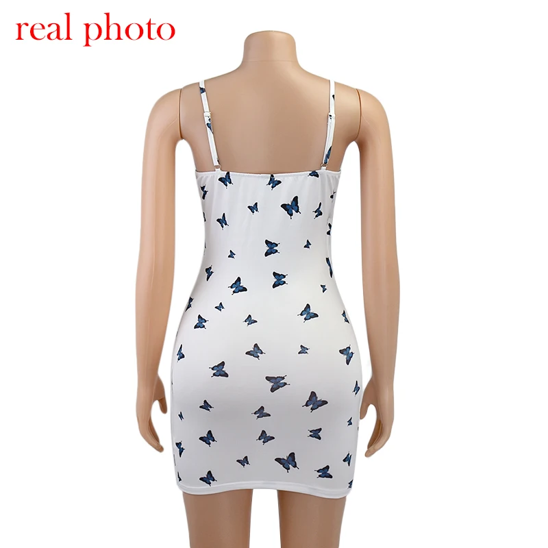 

Summer Butterfly Print Fashion Y2k Sexy V-neck Halter Sling Mini Dress Club Party Tight Skirt Bodycon Women White Dress 2021 New