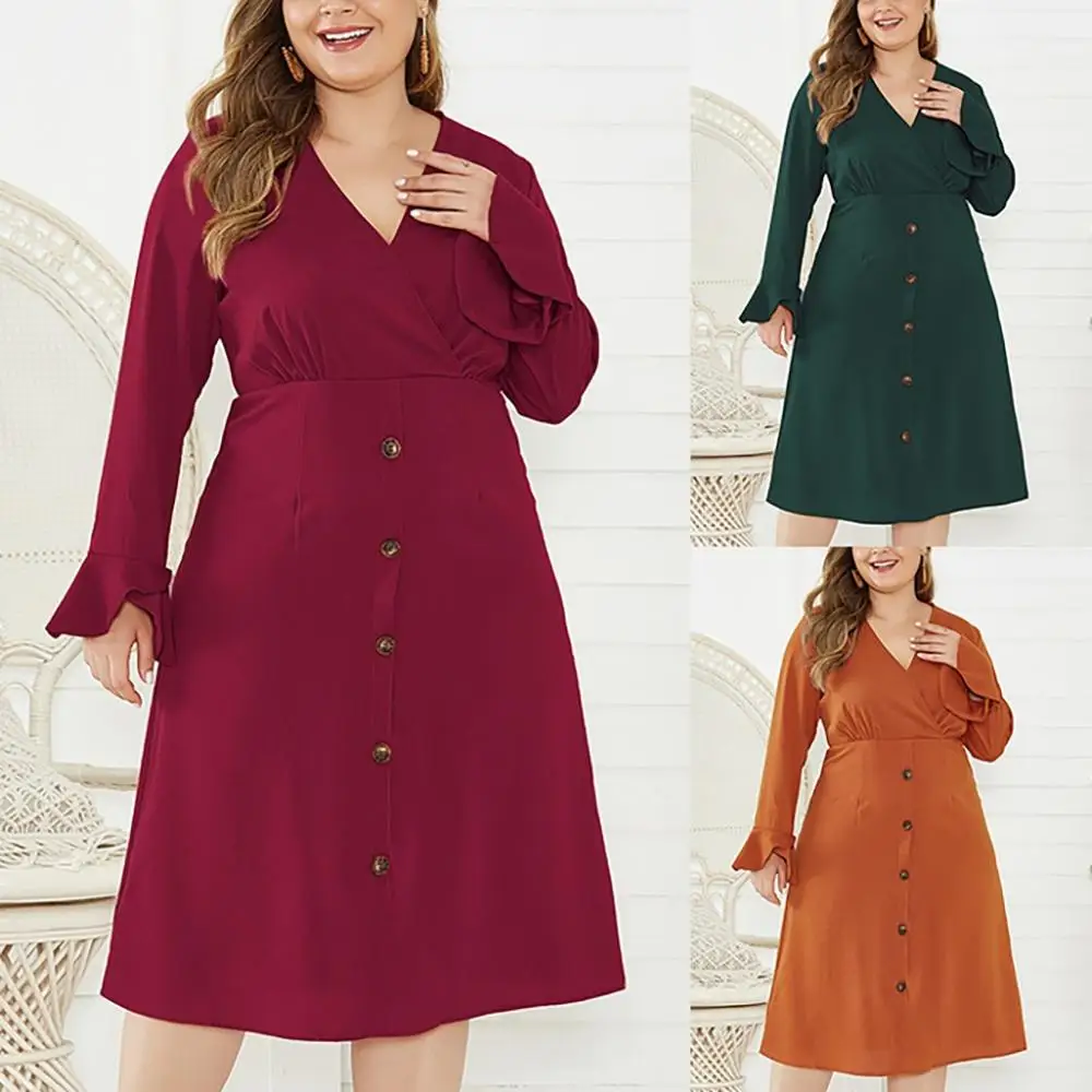 4xl размера плюс v образный вырез сплошной цвет Высокая талия платья для женщин с