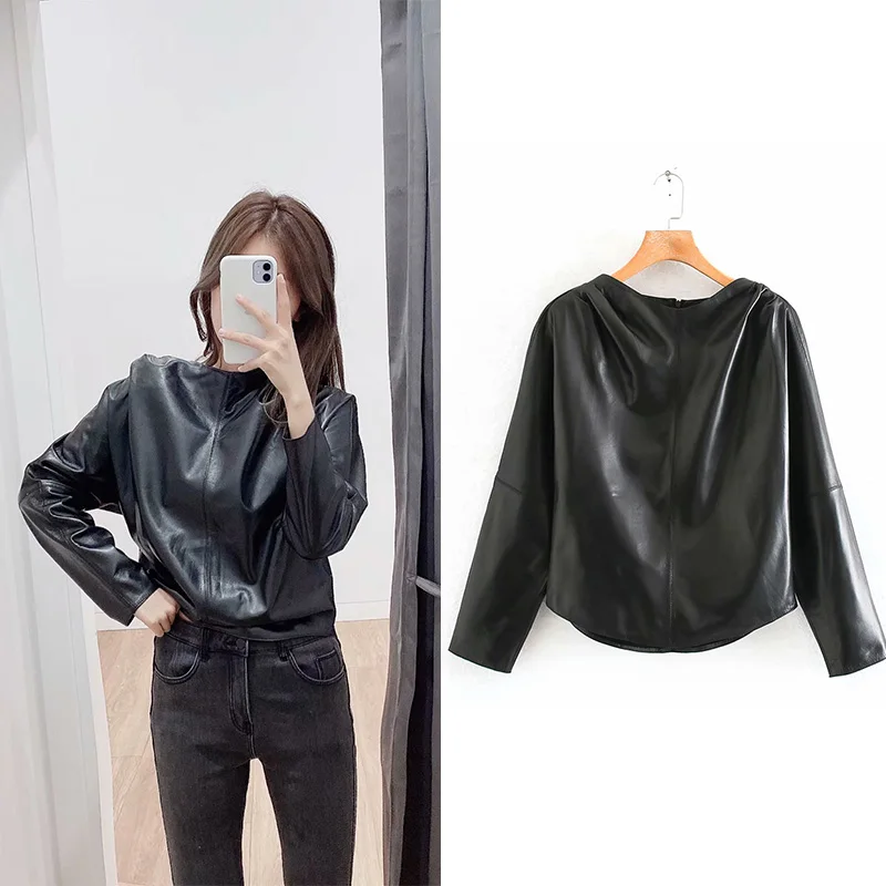 Женская кожаная блузка za черная Повседневная из искусственной кожи на молнии