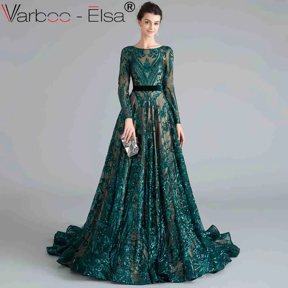 VARBOO_ELSA green Robe De Soiree Длинные вечерние платья с длинными рукавами и поясом, торжественное платье с блестками, женские вечерние платья - Цвет: as pic