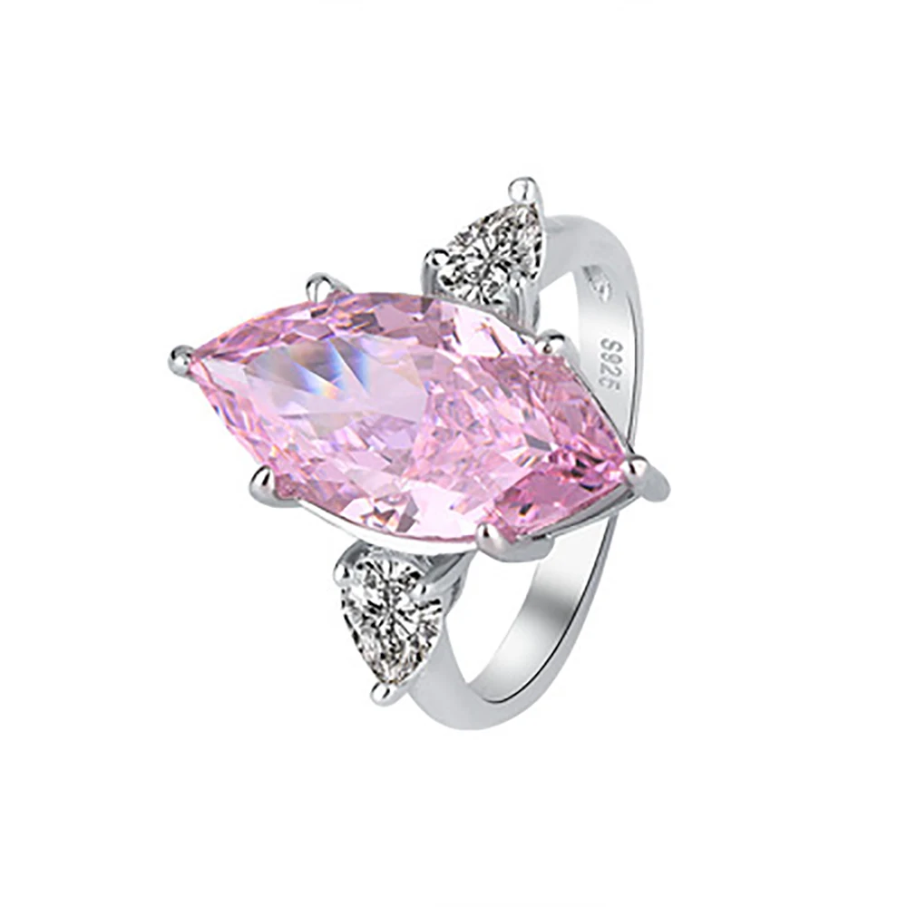 

Charms 100% Silver 925 Wedding Party Ring For Women 9*18mm Pink Quartz High Carbon Diamond Princess Ring Fine Jewelry Girl Gift